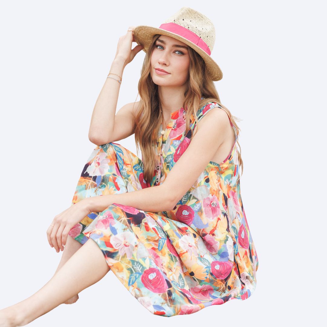 Abstract Floral Henley Swing Dress