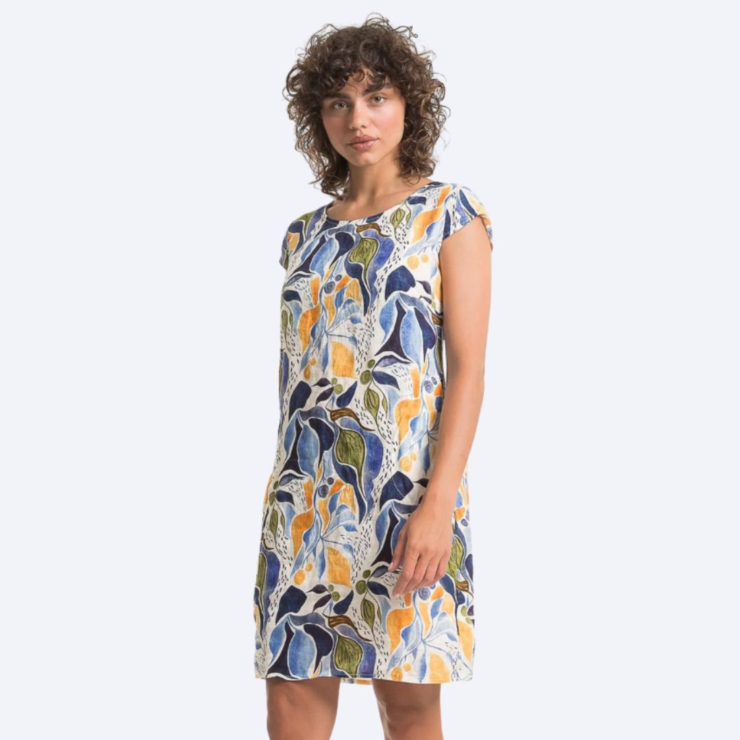 Printed Cap Sleeve Linen Dress