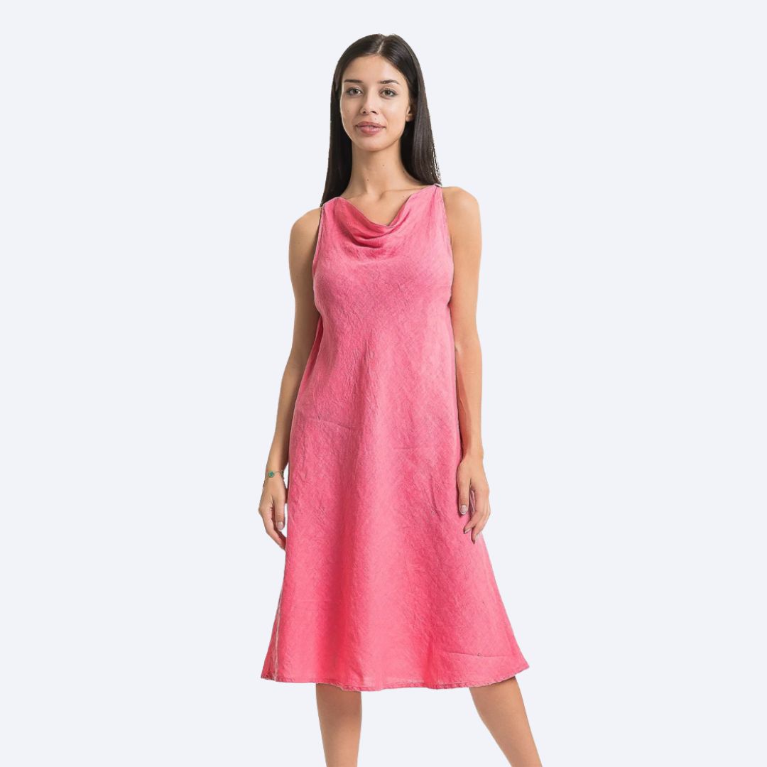 Drape Neck Sleeveless Linen Dress