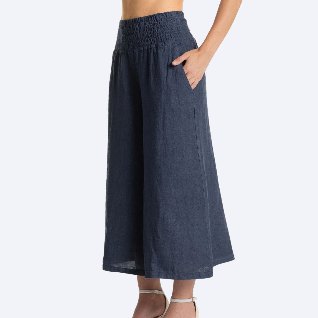 Wide Leg Pull On Linen Capri Pant