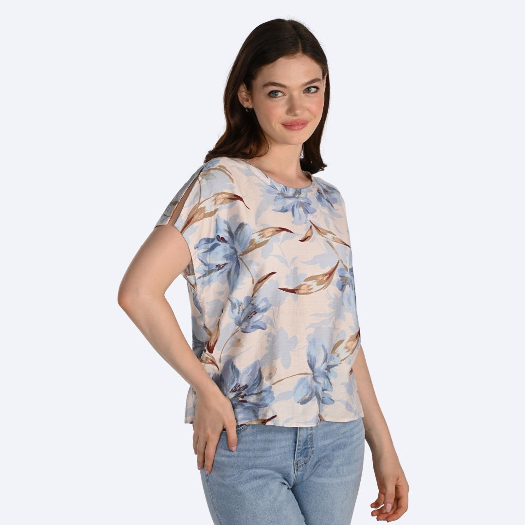 Silky Crew Neck Top Porcelain/Blue