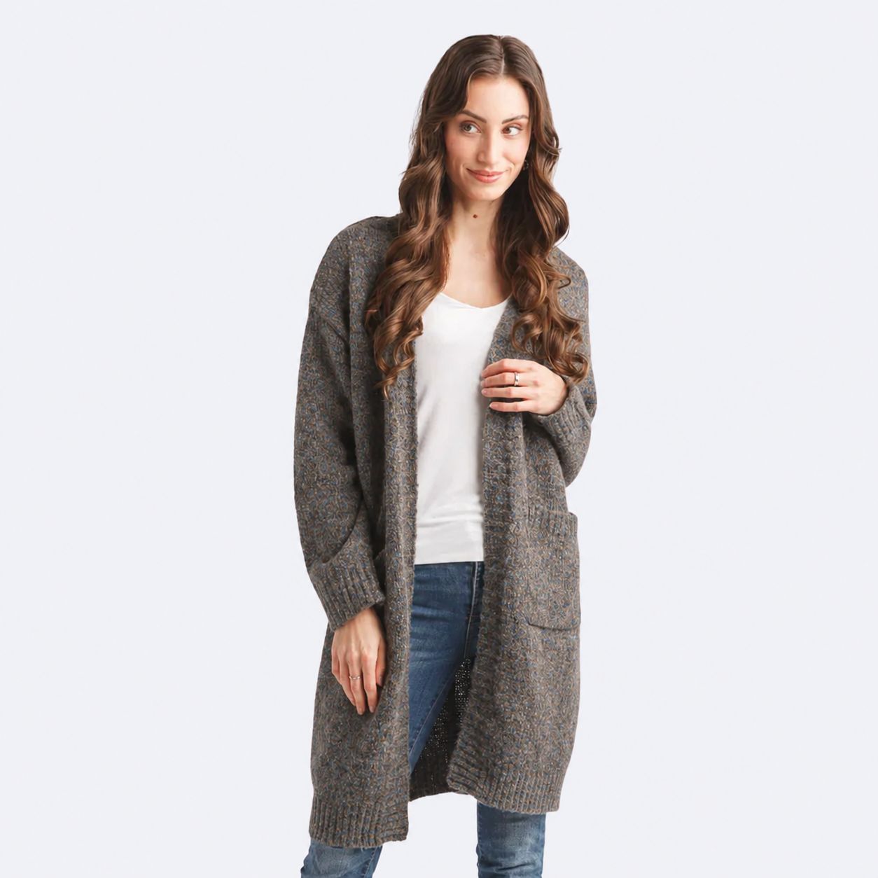 Marled Open Cardigan w/Pockets, Color: Brown, Size: XS