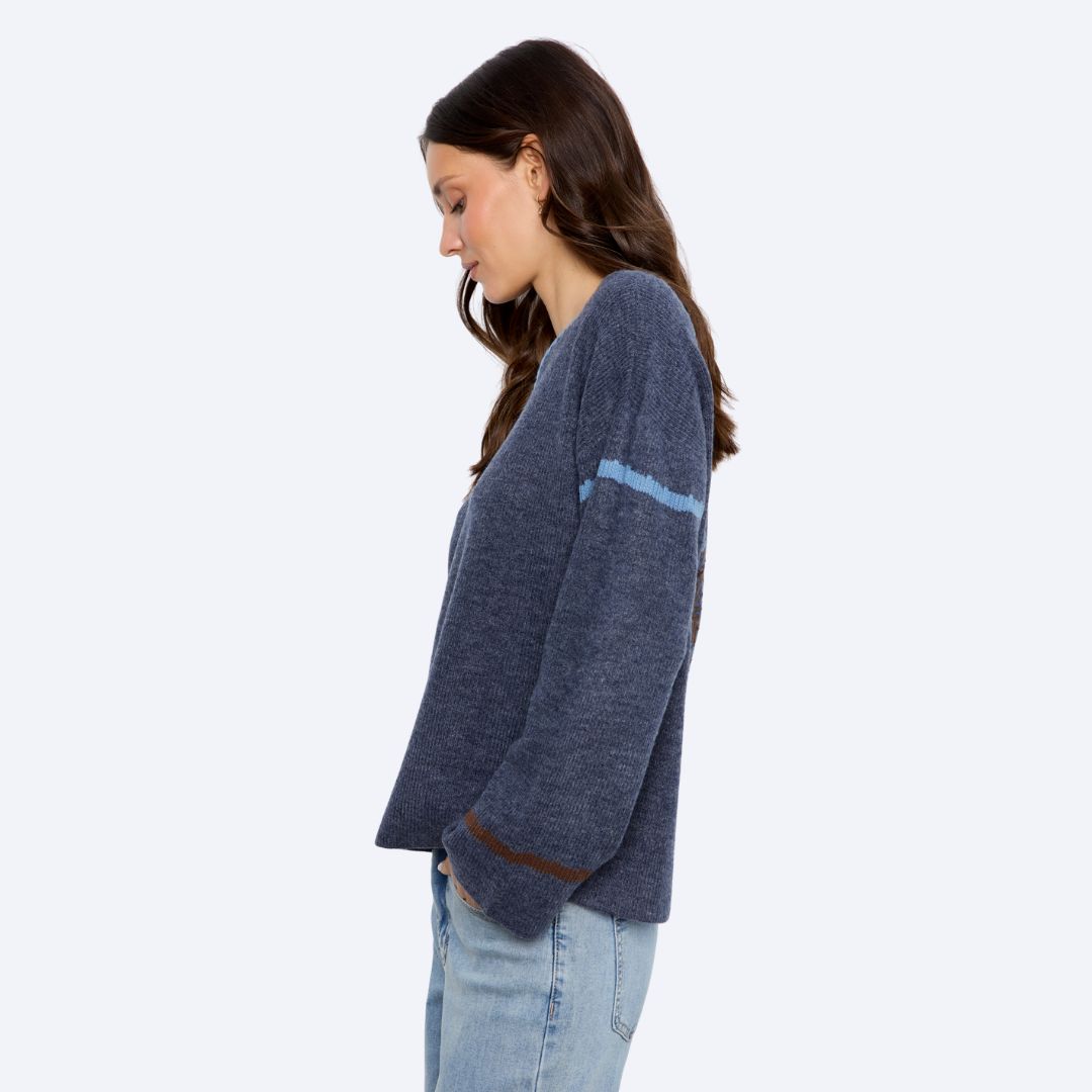 Embroidered Ribbed Sweater with Notch Neck
