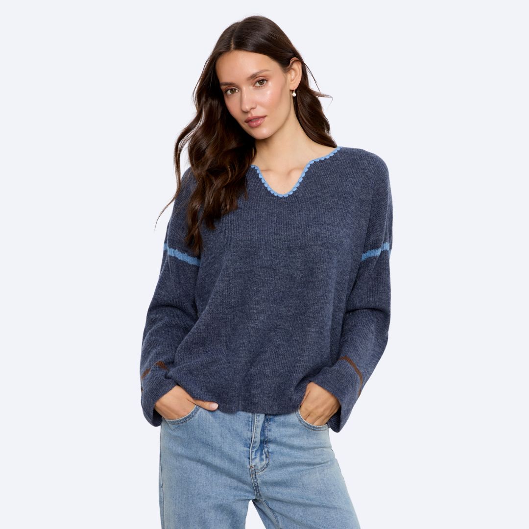 Embroidered Ribbed Sweater with Notch Neck