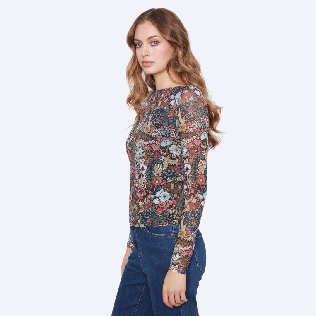 Printed Mesh Boat Neck Top Lined At Body