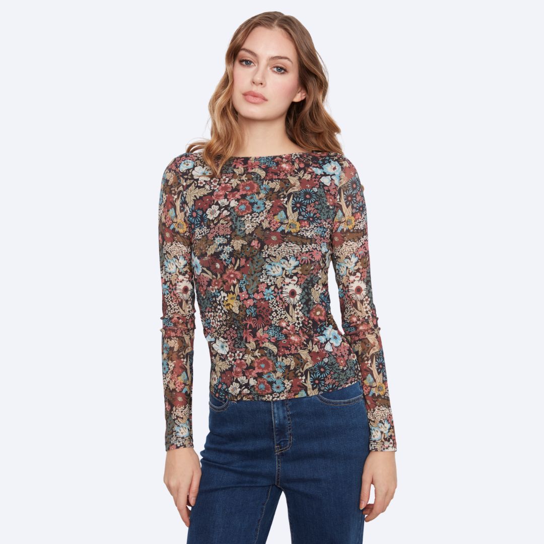 Printed Mesh Boat Neck Top Lined At Body