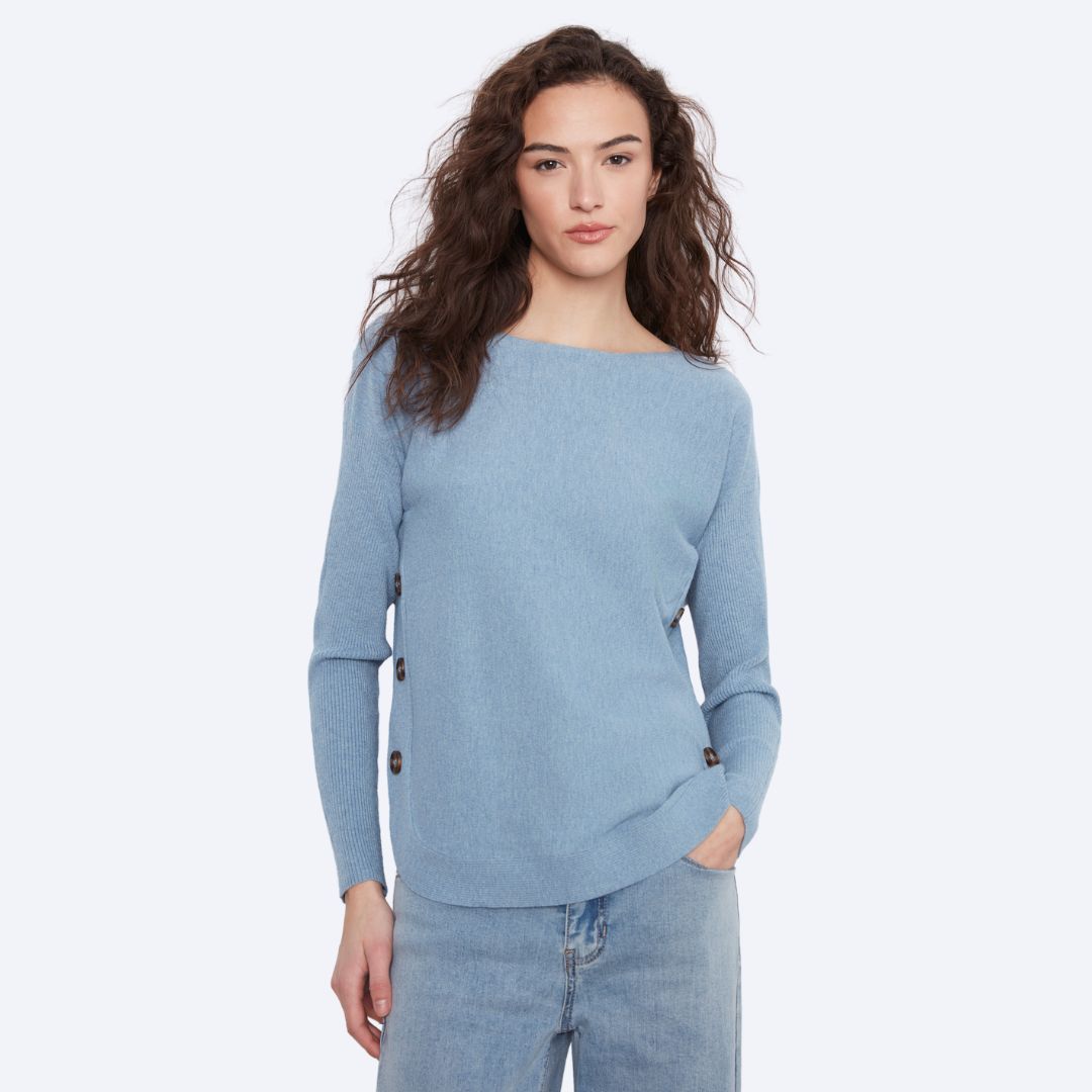 Long Sleeve Drop Shoulder Boat Neck Sweater W/Side Button