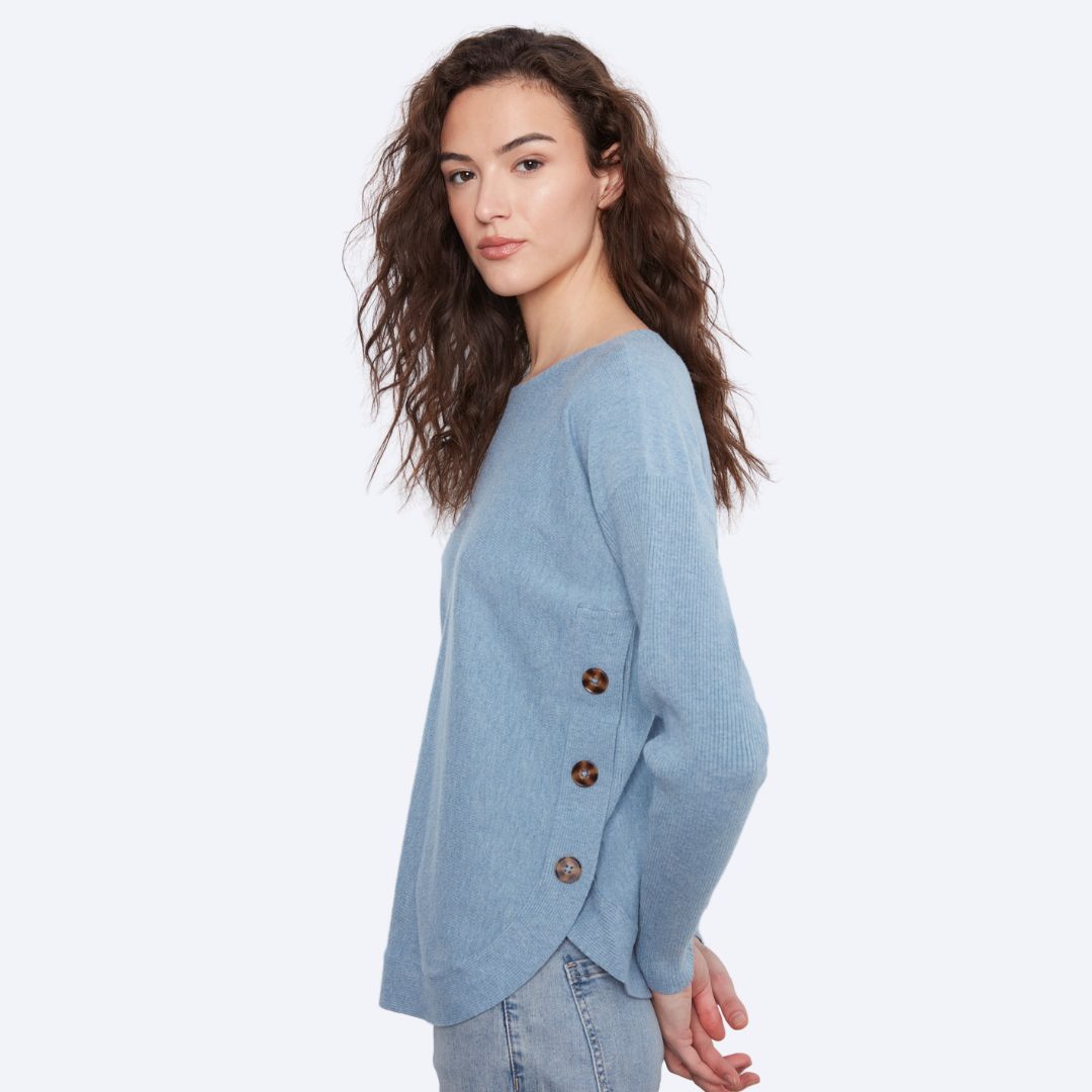 Long Sleeve Drop Shoulder Boat Neck Sweater W/Side Button