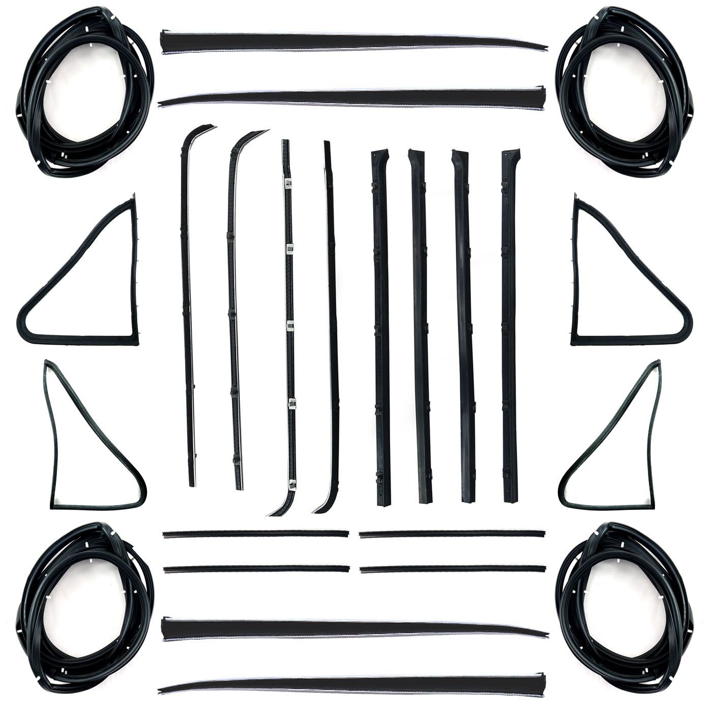 HOLDEN EH SEDAN WAGON DOOR BELTS, SEALS, 1/4 VENTS, UPRIGHT SEALS & STAINLESS STEEL BAILEY CHANNELS SET
