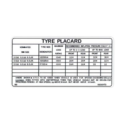 HOLDEN HQ UTE VAN V8 TYRE PLACARD