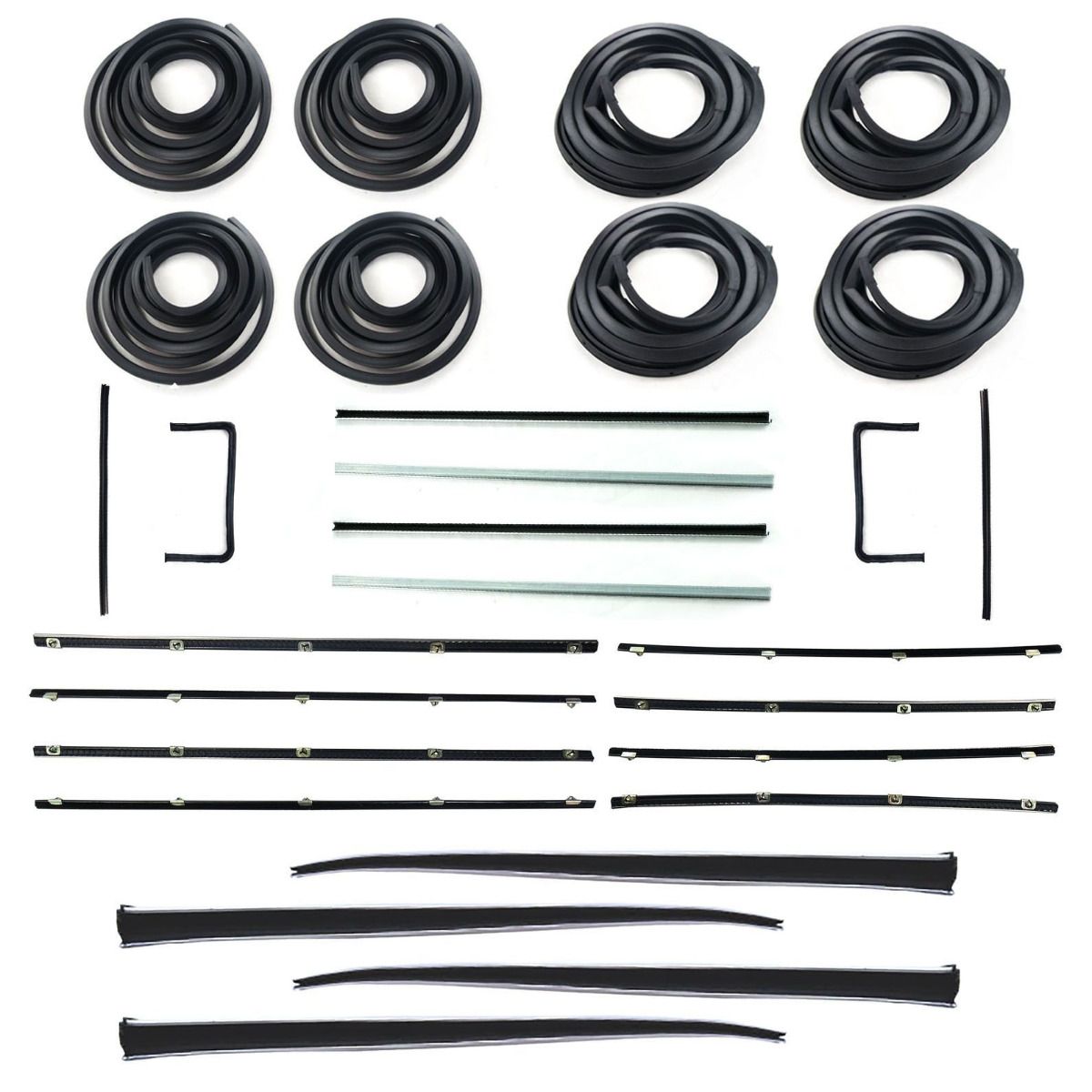 HOLDEN FB EK SEDAN DOOR SEALS, BELTS, 1/4 VENT, UPRIGHT PILLAR & STAINLESS STEEL BAILEY CHANNELS SET