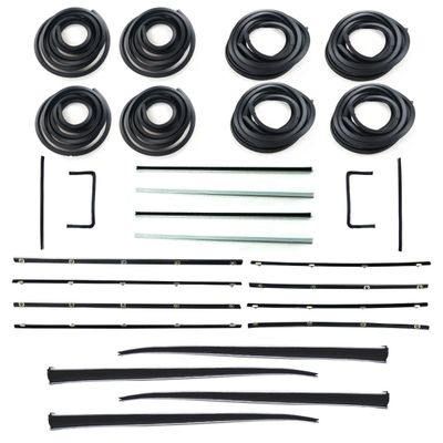 HOLDEN FB EK SEDAN DOOR SEALS, BELTS, 1/4 VENT, UPRIGHT PILLAR & STAINLESS STEEL BAILEY CHANNELS SET