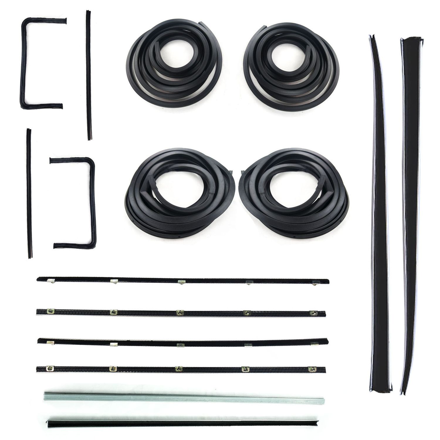 HOLDEN FB EK UTE/VAN FRONT DOOR BELTS, SEALS, UPRIGHT PILLARS, 1/4 VENT & STAINLESS STEEL BAILEY CHANNELS SET