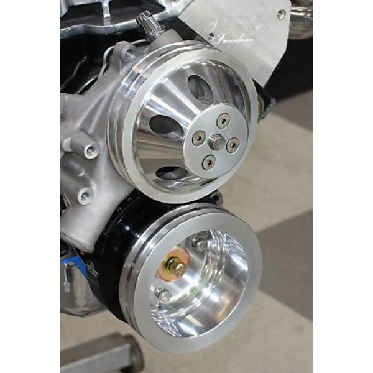 CHEVY SBC PULLEY COMBO TRIPPLE GROOVE ALLOY LONG WATER PUMP SET BILLET CRANK AND WATERPUMP