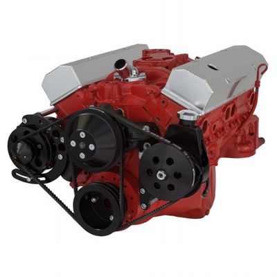 CHEVY SBC 283 350 400 SMALL BLOCK VEE BELT - ALTERNATOR, POWER STEERING PULLEYS & BRACKETS - LONG WATER PUMP BLACK FINISH