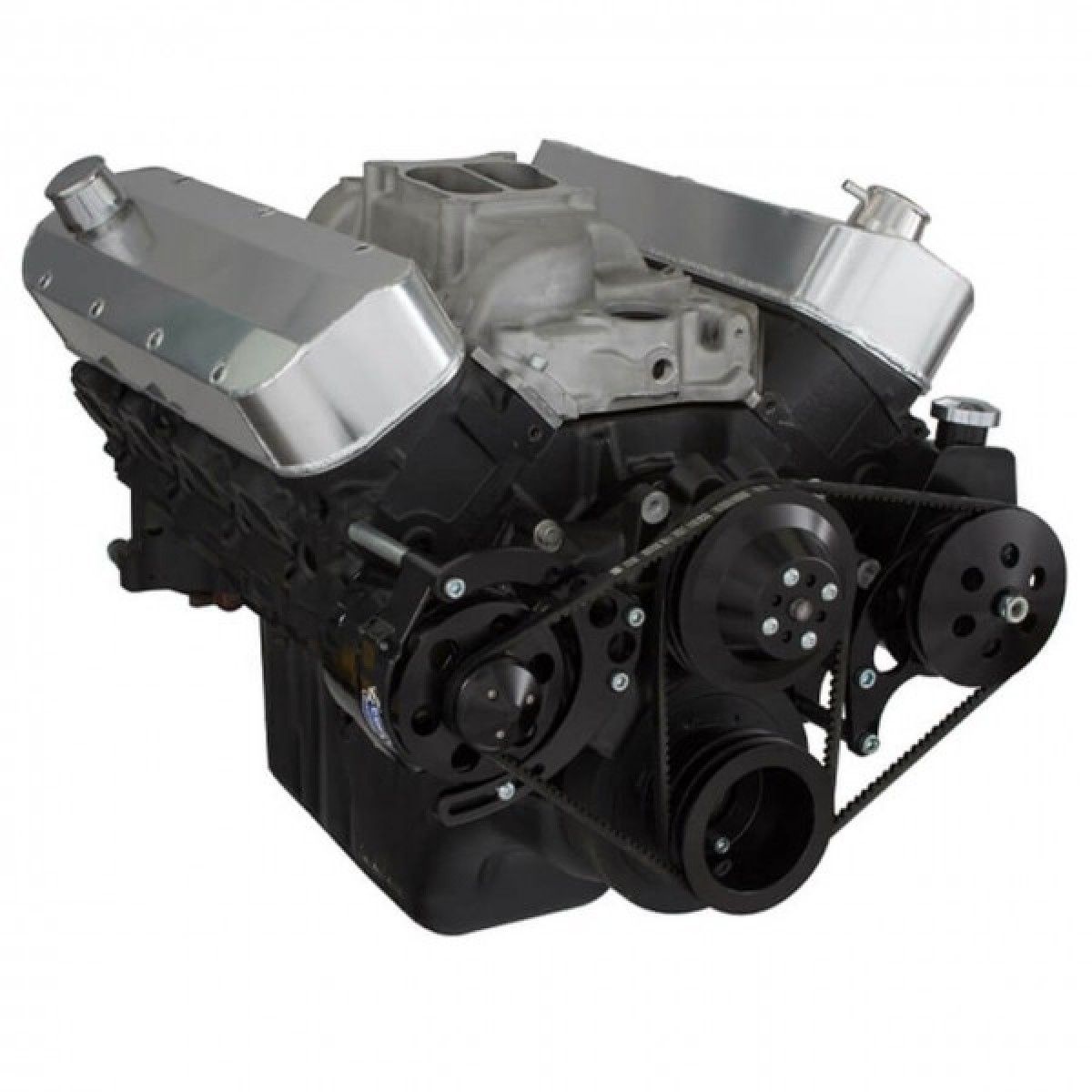 CHEVY BBC 396 427 454 BIG BLOCK VEE BELT - ALTERNATOR & POWER STEERING PULLEYS & BRACKETS - BLACK FINISH LONG WATER PUMP