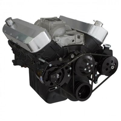 CHEVY BBC 396 427 454 BIG BLOCK VEE BELT - ALTERNATOR & POWER STEERING PULLEYS & BRACKETS - BLACK FINISH LONG WATER PUMP