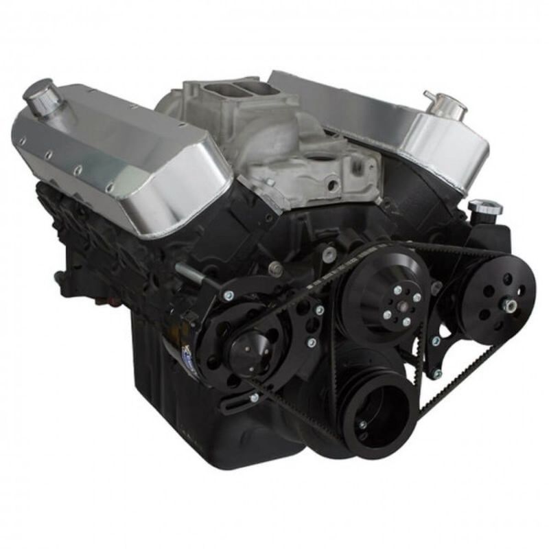CHEVY BBC 396 427 454 BIG BLOCK VEE BELT - ALTERNATOR & POWER STEERING PULLEYS & BRACKETS - BLACK FINISH LONG WATER PUMP