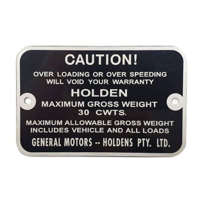 Gross Vehicle Weight Plate for HOLDEN FB UTE
