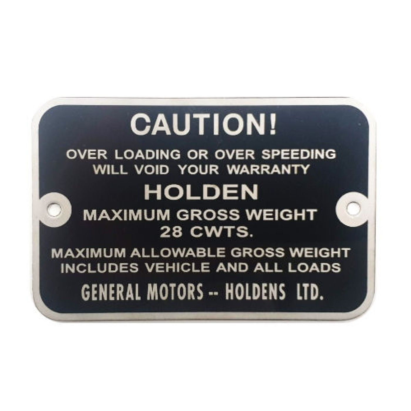 Gross Vehicle Weight Plate for HOLDEN FJ UTE VAN