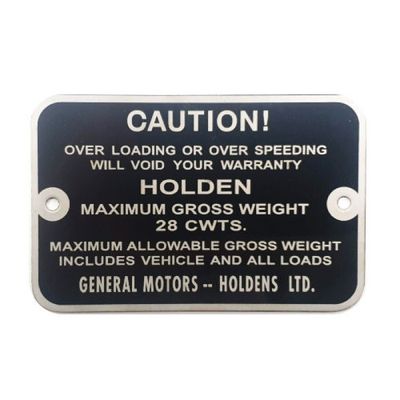 Gross Vehicle Weight Plate for HOLDEN FJ UTE VAN