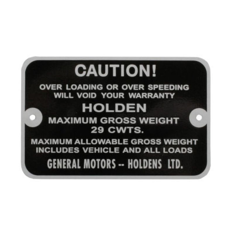 Gross Vehicle Weight Plate for HOLDEN FE-FC & EJ UTE 29