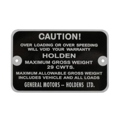 Gross Vehicle Weight Plate for HOLDEN FE-FC & EJ UTE 29