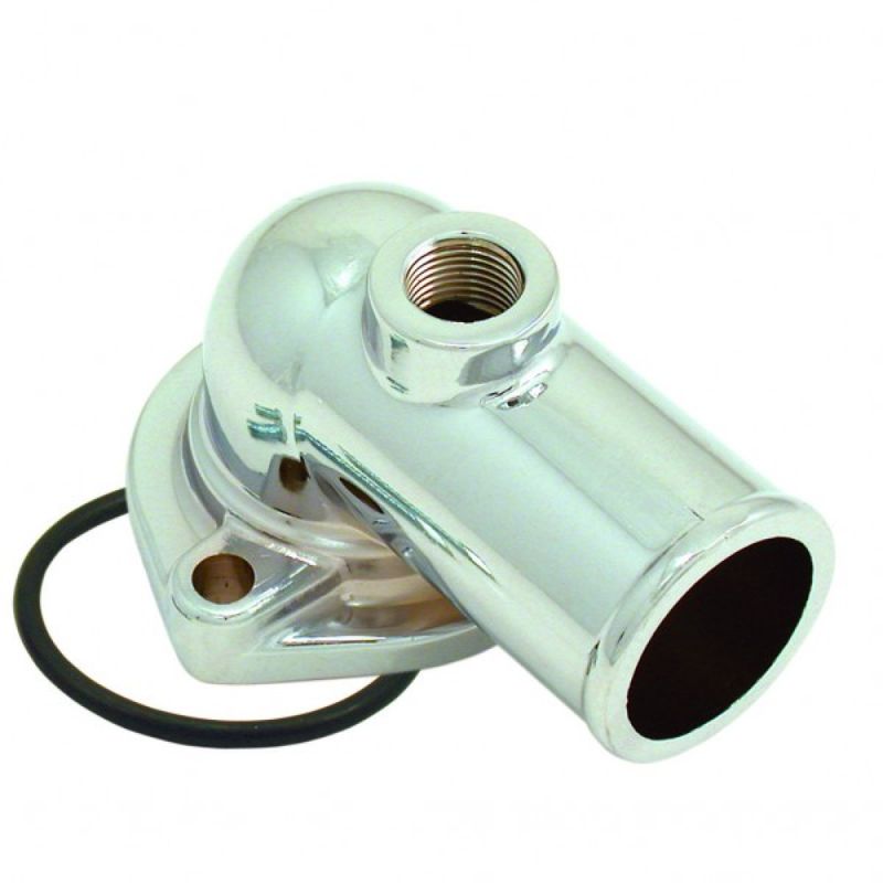 Thermostat Housing Water Neck for FORD CLEVELAND V8 302, 351, 400 & 429, 460 BIG BLOCK, 90 Degree Right Angle with 3/4" NPT Port - Chromed "O" Ringed With Bolts