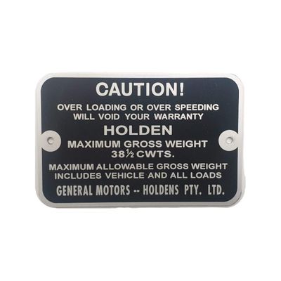 38 1/2 CWTS Gross Weight Tag for HOLDEN HK HT HG UTE 38 1/2 CWTS Gross Weight Tag for HOLDEN HK HT HG UTE