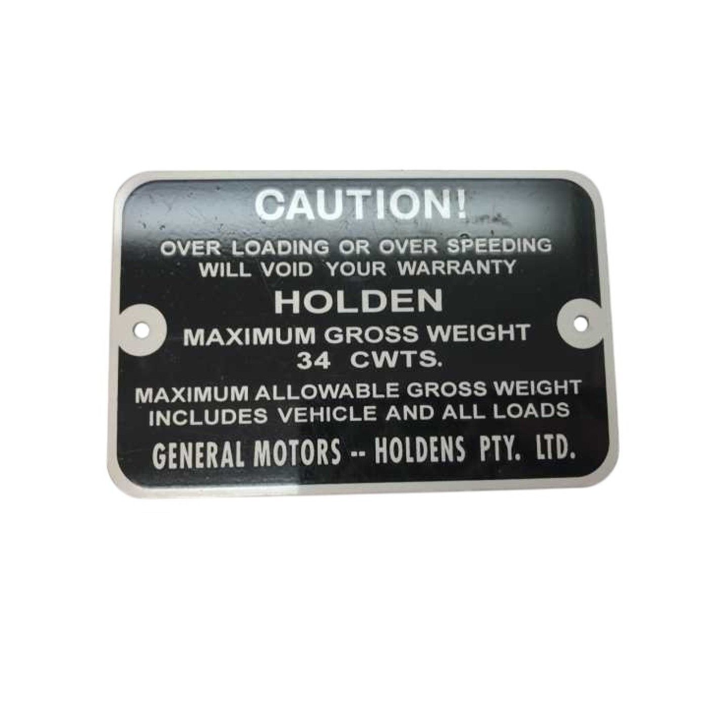 34 CWTS Gross Weight Tag for HOLDEN HD HR VAN 34 CWTS Gross Weight Tag for HOLDEN HD HR VAN