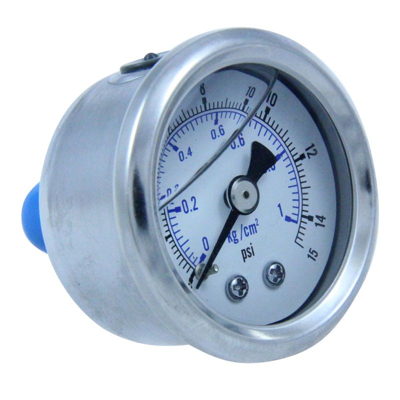 Fuel pressure gauge Liquid Filled 0-15 lbs, 1-1/2 inch diameter, chrome bezel