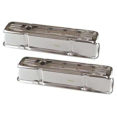 Valve Rocker Covers Chrome Chevrolet Sm Blk 283-400 Motor 350 Logo 1955-79 Baffled-pair