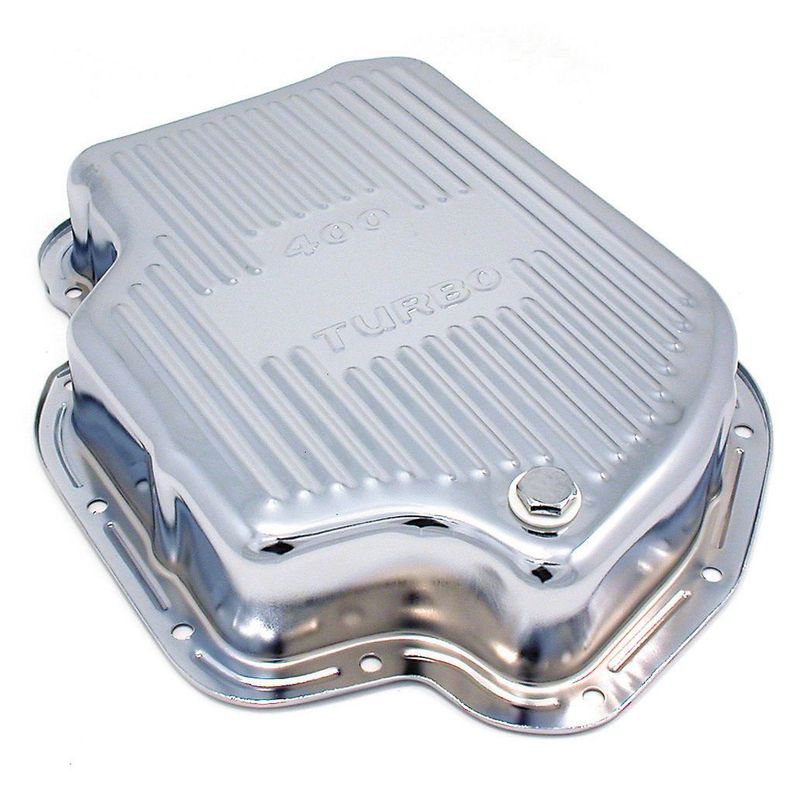 Transmission Pan GM Turbo 400 3" Deep Chrome Steel Finned with Drain Plug