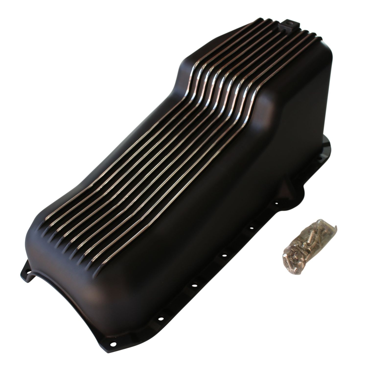 Oil Pan Chevrolet Sm Block 283-350 1980-85 Black Alloy Finned 2pce Rear Main Oil Pan Chevrolet Sm Block 283-350 1980-85 Black Alloy Finned 2pce Rear Main