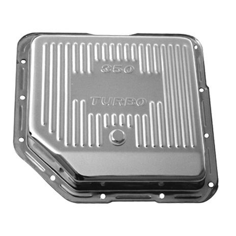 Transmission Pan GM Turbo 350 OEM Height Chrome Steel Finned with Drain Plug