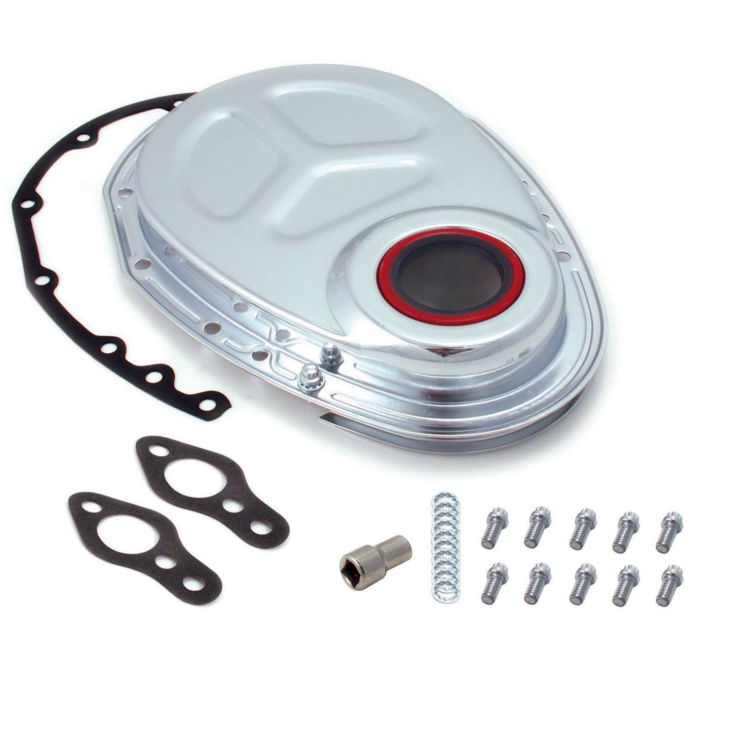 Timing Cover Chrome Small Block Chevrolet 12 point Bolts Seal Gasket + washers Timing Cover Chrome Small Block Chevrolet 12 point Bolts Seal Gasket + washers
