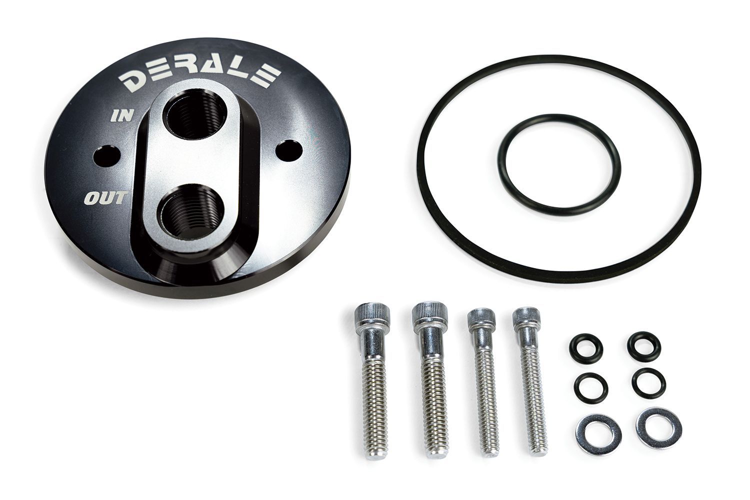 Derale Billet GM V8 Engine Bolt-On Oil Adaptor with 7/8-14 Derale Billet GM V8 Engine Bolt-On Oil Adaptor with 7/8-14" ORB Ports 35762