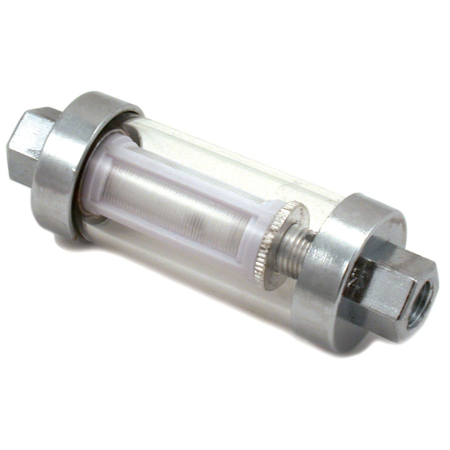 Universal Clear View Fuel Filter Chrome Diecast with 1/4, 5/16 + 3/8" fittings