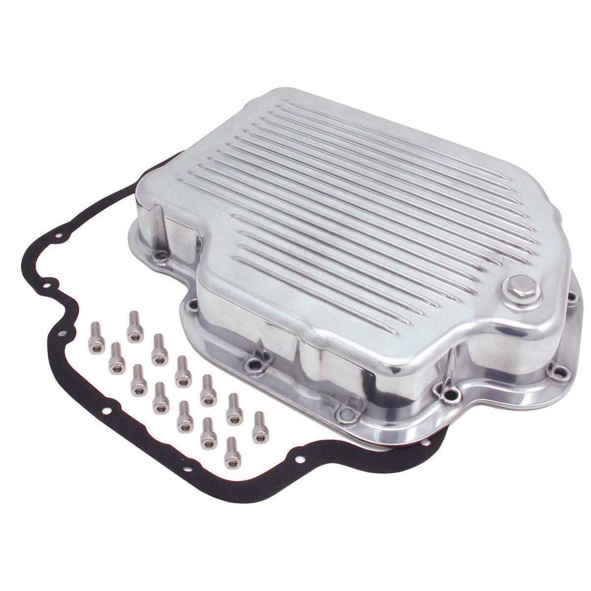 Transmission Pan GM Turbo 400 OEM Height Polished Alloy Finned with Drain Plug