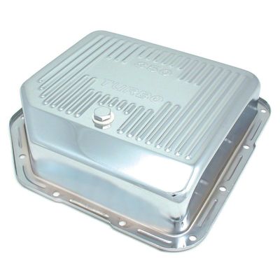 Transmission Pan GM Turbo 350 3-1/2" Deep Chrome Steel Finned with Drain Plug