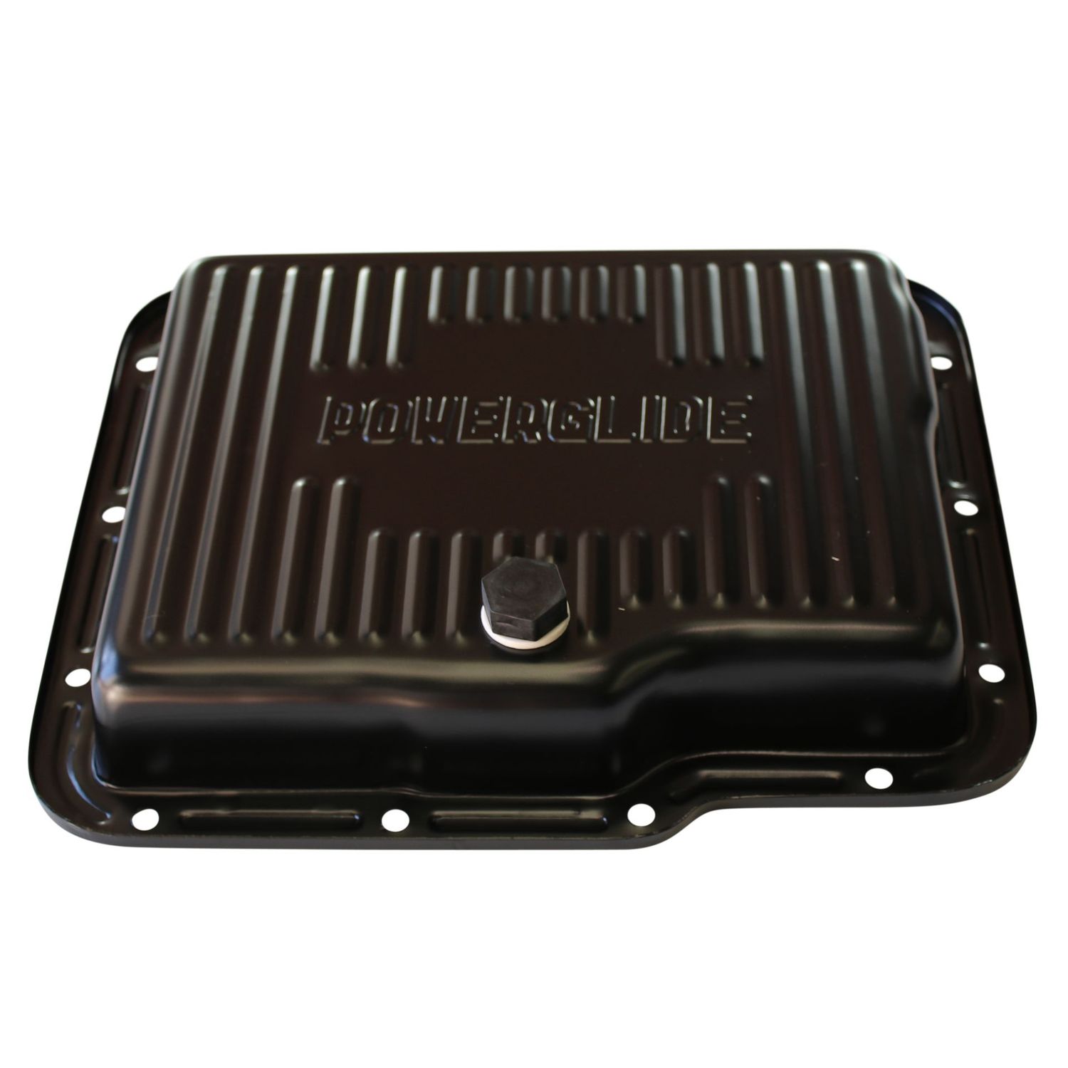 Transmission Pan GM Powerglide OEM 2" Depth Black Steel Finned with Drain Plug