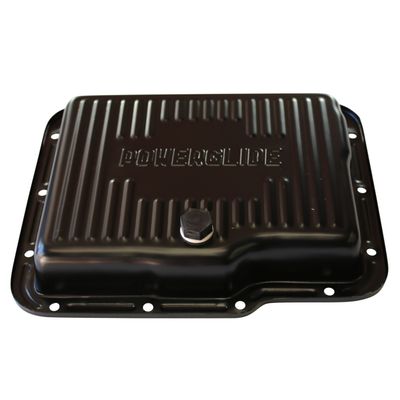 Transmission Pan GM Powerglide OEM 2" Depth Black Steel Finned with Drain Plug