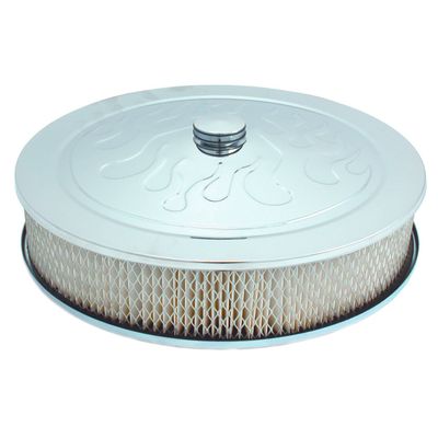 Chrome Air Filter/Air Cleaner Flamed 14 Chrome Air Filter/Air Cleaner Flamed 14" x 3" Holley Edelbrock Recessed Base Paper
