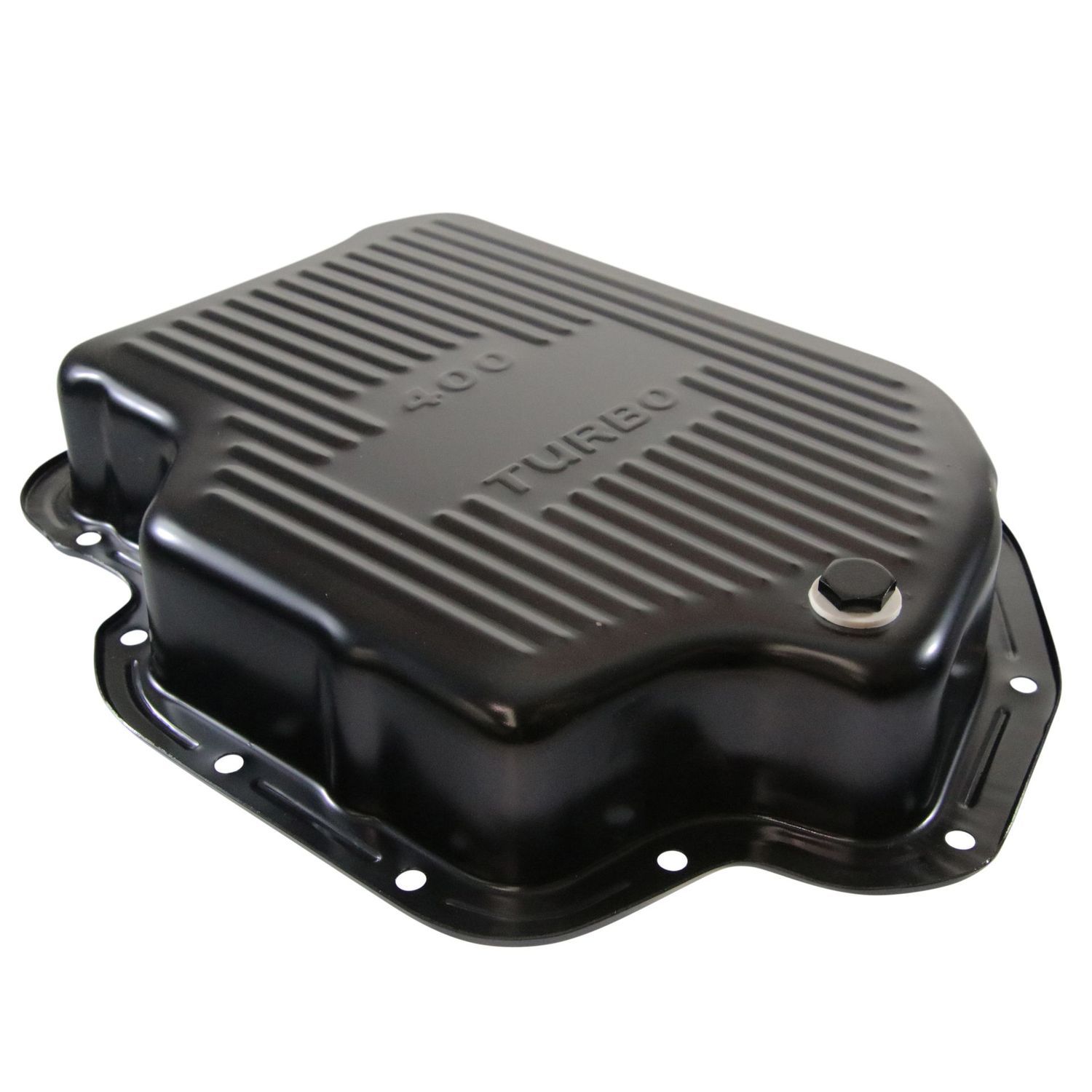 Transmission Pan GM Turbo 400 3 Transmission Pan GM Turbo 400 3" Extra Deep Black Steel Finned with Drain Plug