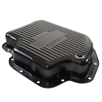 Transmission Pan GM Turbo 400 3" Extra Deep Black Steel Finned with Drain Plug
