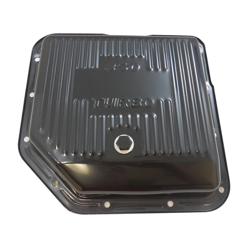Transmission Pan GM Turbo 350 Finned Black 2" Standard OEM Depth with drain plug