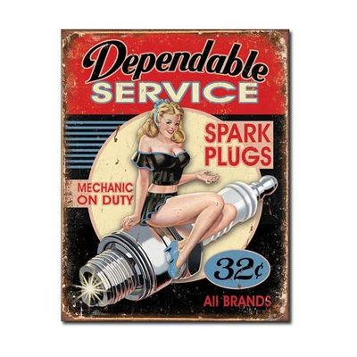 Dependable Service Spark Plugs, Mechanic on Duty. Metal Sign 32cm x 41cm Dependable Service Spark Plugs, Mechanic on Duty. Metal Sign 32cm x 41cm