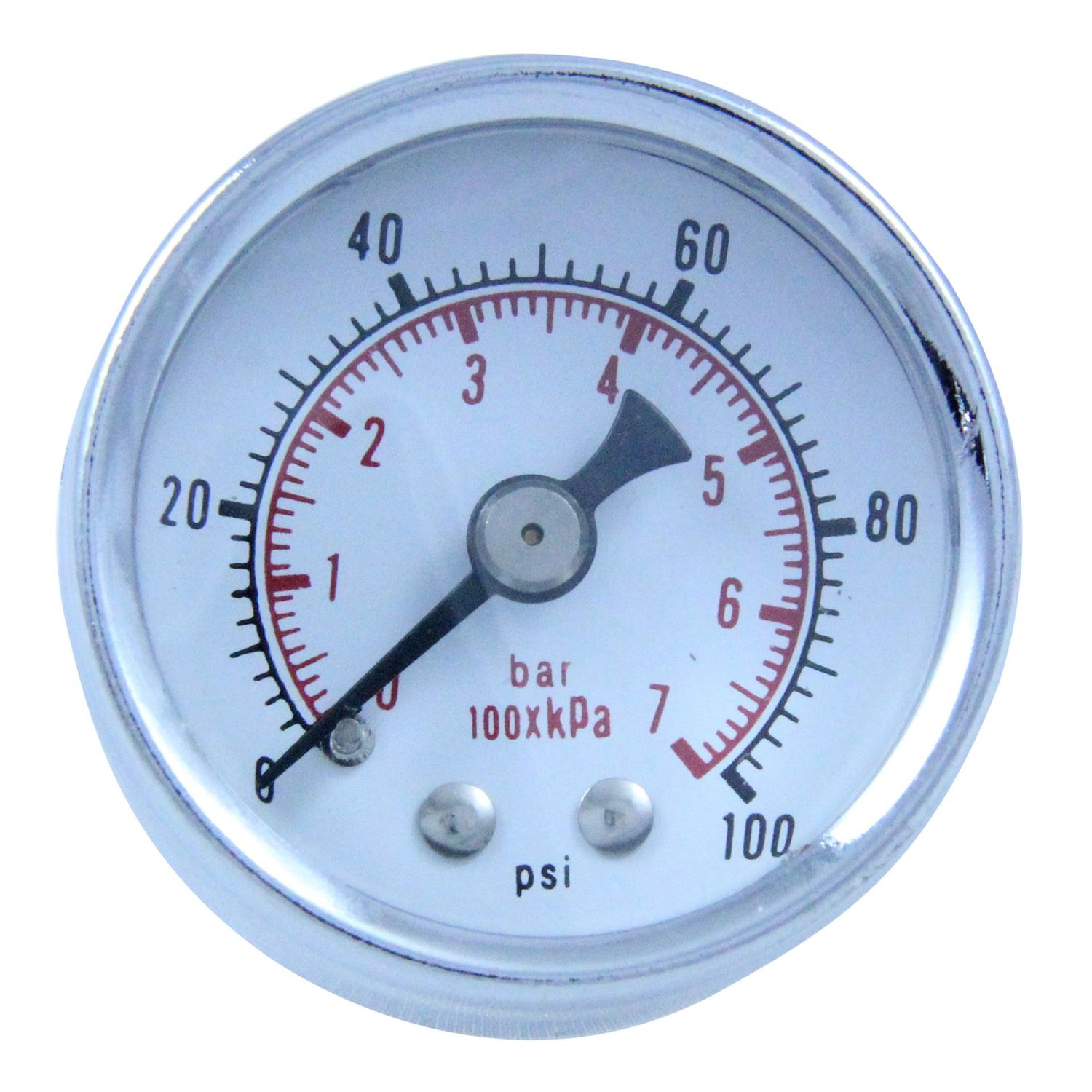 Fuel pressure gauge 0-100 lbs, 1-1/2 inch diameter, high-polished chrome bezel Fuel pressure gauge 0-100 lbs, 1-1/2 inch diameter, high-polished chrome bezel