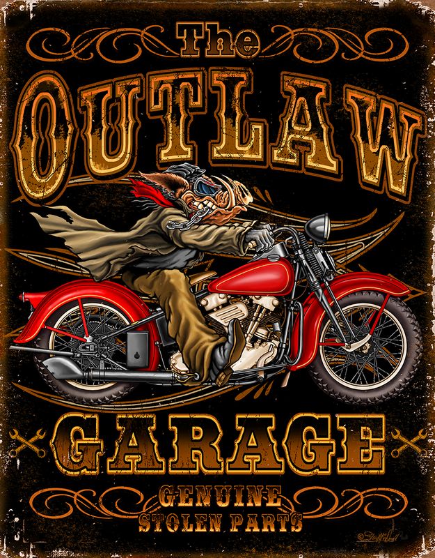 Outlaw Garage Metal Sign Reproduction 32cm x 41cm