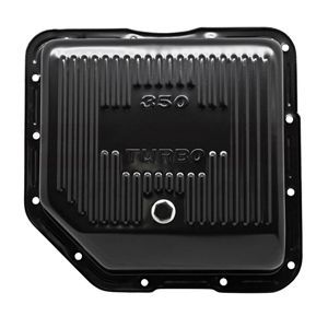 Transmission Pan GM Turbo 350 3-1/2" Deep Black Steel Finned with Drain Plug